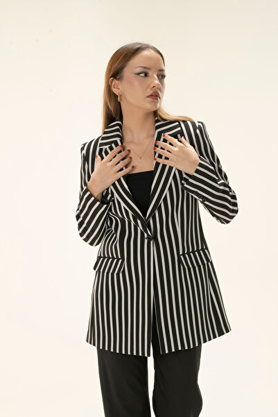 MY COUSİN Çizgili Tek Düğme Astarlı Vatkalı Blazer ceket