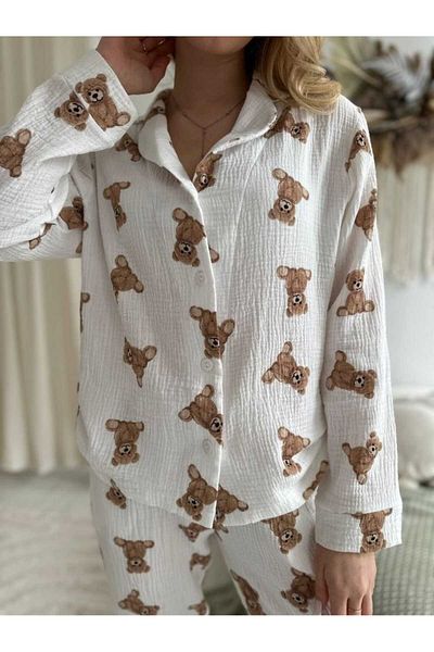 PEMBİŞ HOMEWEAR Σετ πιτζάμες με γιακά πουκάμισο με κουκούτσι καφέ αρκούδα Oversize