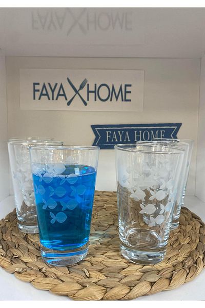 Paşabahçe Faya Home Hand Embroidered Decorated Fish Pattern Multi-Purpose Cup Set of 6