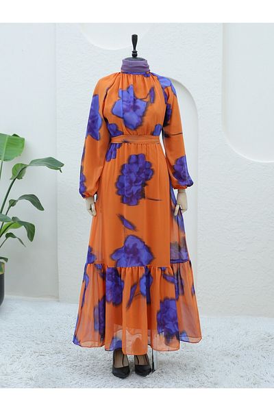 Modamorfo Orangefarbenes Chiffon-Kleid – gefüttert mit elastischer Taille und Schnürung