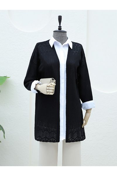 Modamorfo Openwork Patterned Black Cardigan