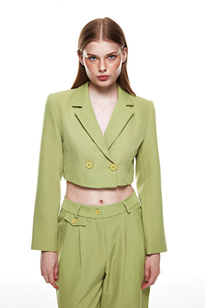 Quzu Kruvaze Crop Blazer Ceket Olive