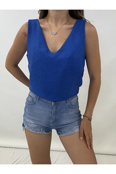 Modamorfo Saks Colorful V-Neck Linen Blouse - Zero Sleeve