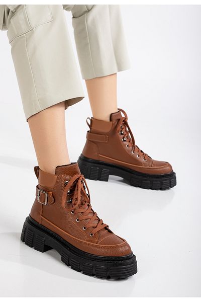 Tonny Black Women's Tan High Poly Sole Side Buckle Lace up Boots