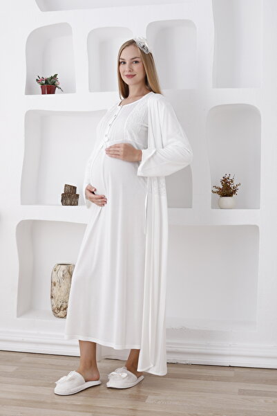 ERDENİZ TEKSTİL Pregnant Front Buttoned Nightgown and Dressing Gown Set of 2 - Slippers and Crown Gift