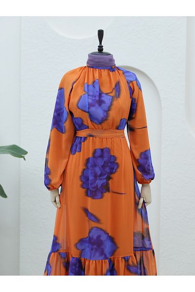 Modamorfo Orangefarbenes Chiffon-Kleid – gefüttert mit elastischer Taille und Schnürung