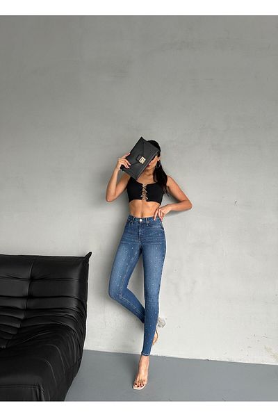 BPF Blugi skinny push up cu efect de modelare albastru cu detaliu de piatră