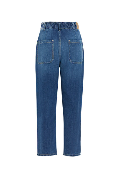 GİZİA Beli Lastikli Eskitme Efektli Jagron Detaylı Mavi Mom Jean