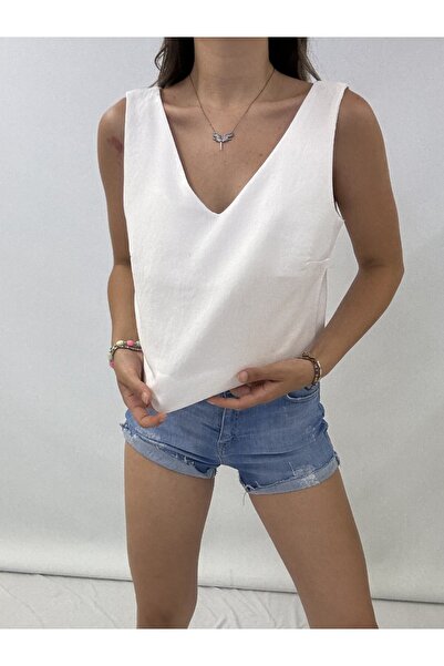 Modamorfo V-Neck Zero Sleeve Linen Blouse -White