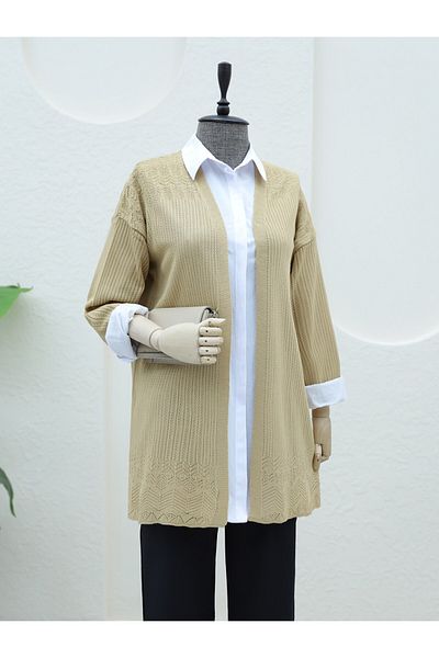 Modamorfo Skirt Patterned Openwork Cardigan -Mink