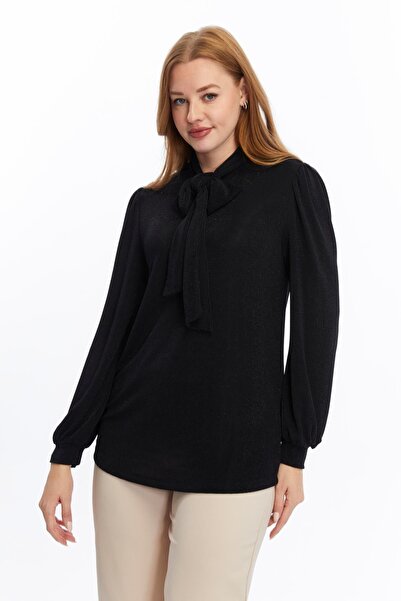 Appleline Kadın Fiyonklu  Simli Çelik Jakar Kumaş Gömlek SİYAH