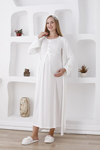 ERDENİZ TEKSTİL Pregnant Front Buttoned Nightgown and Dressing Gown Set of 2 - Slippers and Crown Gift