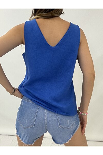 Modamorfo Saks Colorful V-Neck Linen Blouse - Zero Sleeve