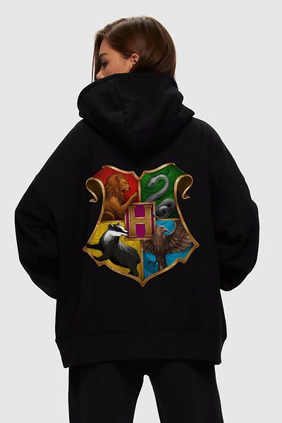 Butik Harry Poter Hufflepuff Printed Oversize Hooded Unisex Kangaroo Pocket Sweatshirt