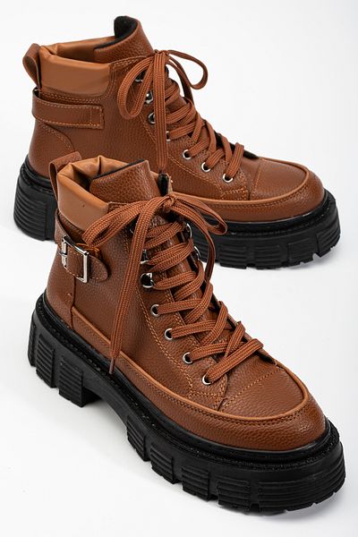 Tonny Black Women's Tan High Poly Sole Side Buckle Lace up Boots