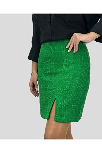 ABAS Tüvit Kumaş Açık Yeşil Önden Yırtmaçlı Mini Boy Astarlı Düz Etek