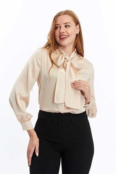 Appleline Beige Satin Women's Shirt - Solid Cut with Bow
