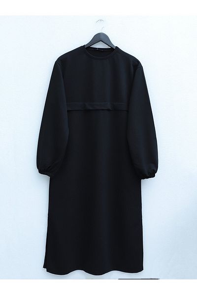 Modamorfo Round Neck Top Long Two Thread Combed Cotton Suit - Black