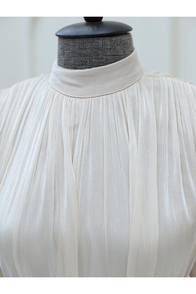 Modamorfo Shimmering Fabric Balloon Sleeve Dress with Gathered Shoulders - Beige