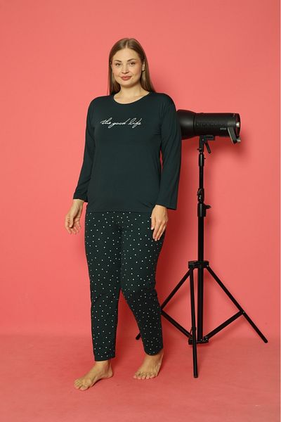 Meri Women's Green Large Size Long Sleeve Round Neck Cotton Milan Fabric Oversize Pajama Set