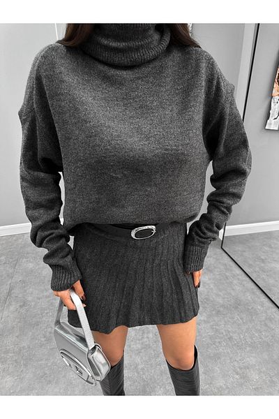 My Blog Anthracite Tight Pleated Hem Turtleneck Sweater Set - 7777