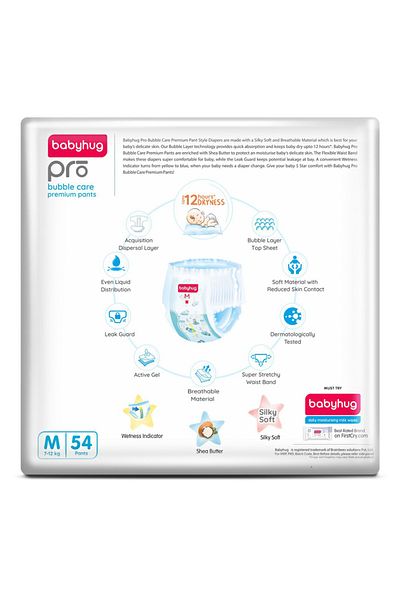 Babyhug Pro Bubble Care Premium Pant Style Diapers Medium, Size 3 - 162 Pieces