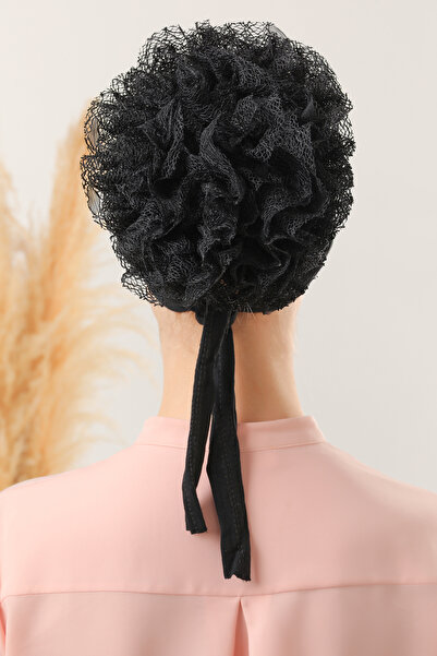 Melodi Scarf Hijab 3-Piece Black Bonnet with Ruffles and Stitching Detail