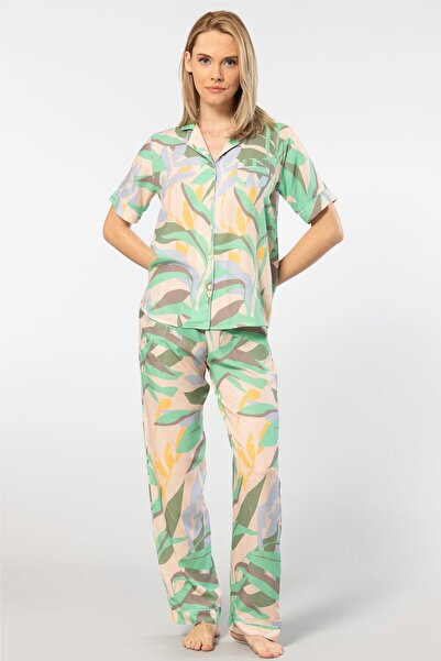 TÜREN Women's Patterned Short Sleeve Woven Pajama Set 3604/Green