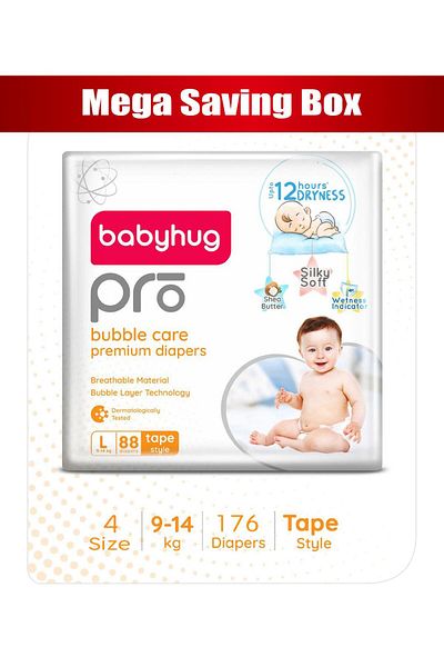 Babyhug Pro Bubble Care Premium Tape Style Diaper Large, Size 4 - 176 Pieces