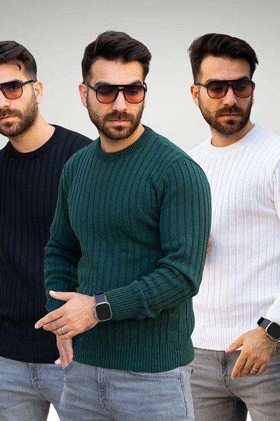 Know Pánský černozelený bílý svetr Thessaloniki Crew Neck Pletený svetr Sada 3 kusů