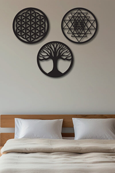 Olur o zaman (3'lü) Yaşam Çiçeği Sri Yantra Ve Torus Hayat Ağacı Lazer Kesim Dekoratif Ahşap Tablo Dekoru Süsü