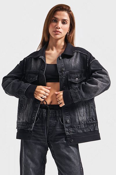 its basic Women's Dark Smoked Color 2W41 Knitted Denim Blended Oversize Jacket Coat