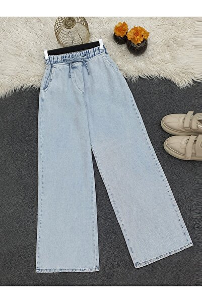 Modamorfo Waist Tie Wide Leg Pocketed Jeans - Light Blue