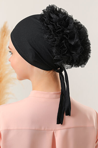 Melodi Scarf Hijab 3-Piece Black Bonnet with Ruffles and Stitching Detail