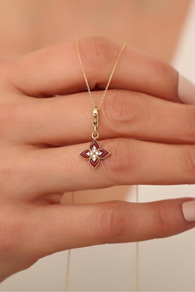 Bayar Gold 14 Ayar Altin Kırmızı Lotus Çiçeği Kolye