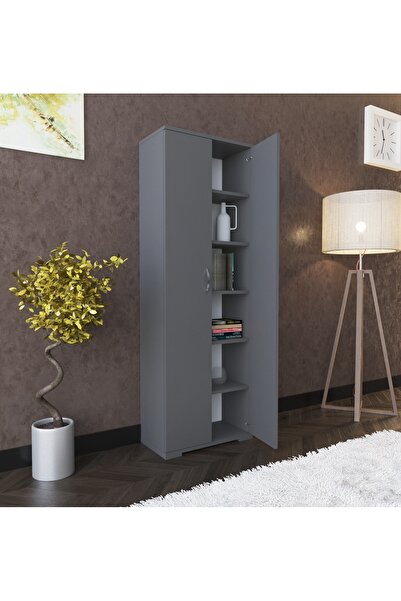 boreas design Hazar Çok Amaçlı Dolap Çift Kapaklı 6 Raflı Banyo Dolabı Mutfak Kiler Erzak Dolabı Antrasit