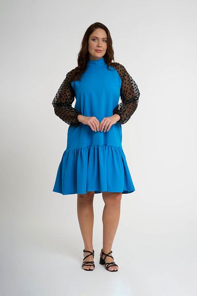 HANIQA Tulle Balloon Sleeves Saks Blue Dress