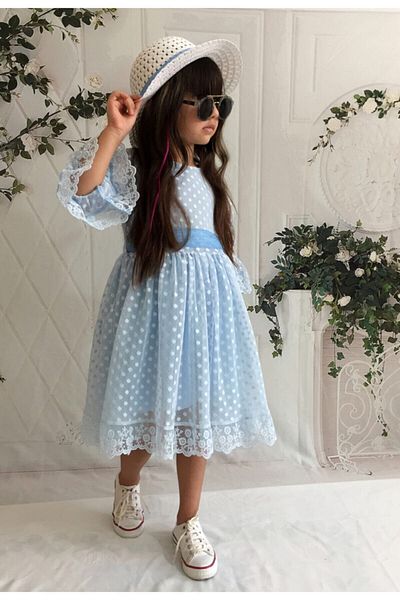 Mixie Blue Princess Model Girl's Dress with Hat, Laced,
