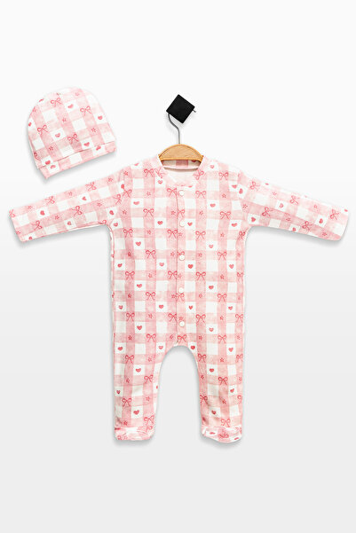 babynup Organik Pembe Çizgili Kalp Baskılı Şapkalı Uyku Tulumu Kız Bebek  2 P...