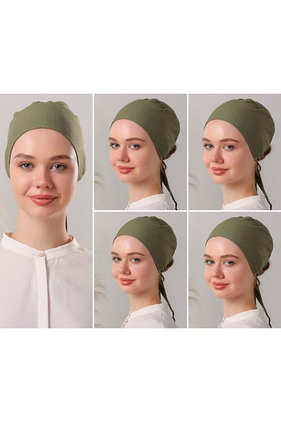 Melodi Scarf Χακί Κόκκαλο Χτενισμένο Βαμβακερό Σετ Hijab - 5 τεμάχια δεμένα