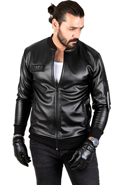 DeepSEA Erkek Siyah Slim Fit Suni Deri Ceket Dar Kesim Önü Fermuarlı Deri Mont 1820094