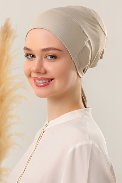 Melodi Scarf Women's Hijab Seamless Set Bonnet Beige 3Pcs Laced Combed Cotton Bonnet