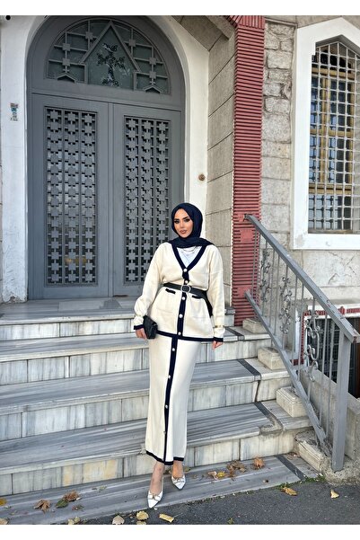 ensade Cardigan Skirt Button Accessory Knitwear Set