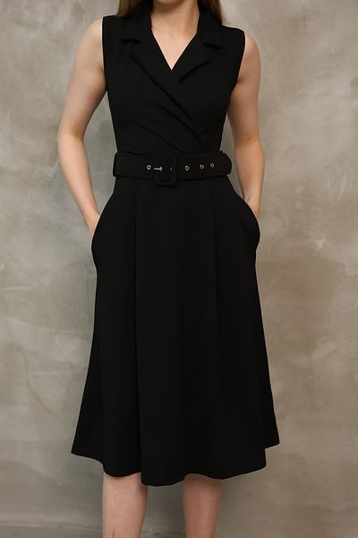 barış sülün lovebox Rochie midi neagră, neagră, cu buzunare, pentru femei, cu gât dublu, cu centură 77101 012