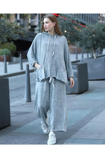 Sosyete Kaplumbağa Authentic Knitwear 100% Cotton Hooded Distressed 2Pockets Oversize Loose Blouse Sweater