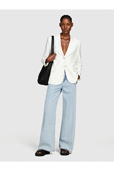 Sisley Jachetă blazer cu nasturi dublu, în dungi, din amestec de viscoză albă pentru femei