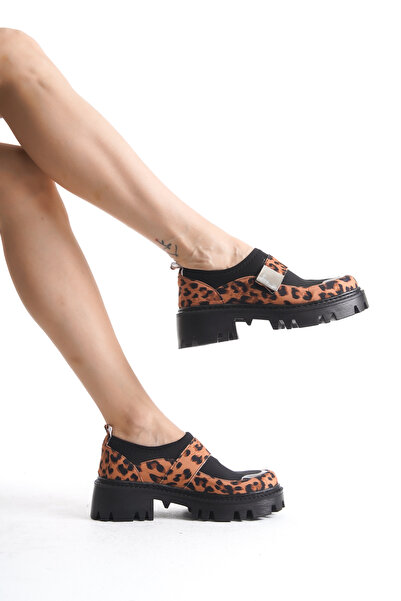 Moda Değirmeni Leopard Print Women's Casual Shoes with Belt and Thick Soles Bg1095-115-0001