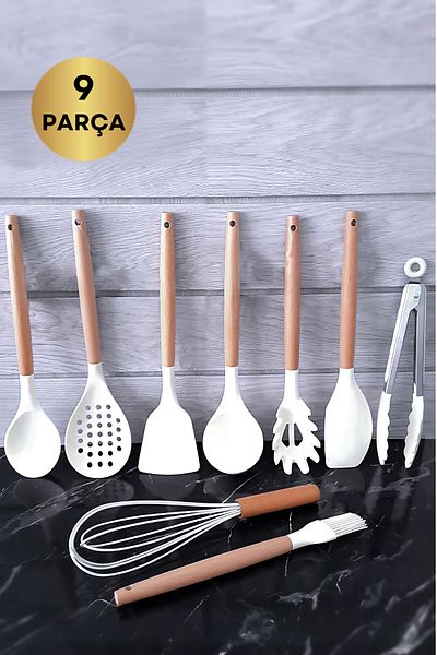ÖzSa Home 9 Piece Silicone Ladle Colander Spoon Brush Beater Bamboo Handle Kitchen Serving Set Set