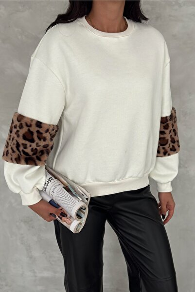 FEMELLE Women's Oversize Sweatshirt with Leopard Detail and Cotton Inside
