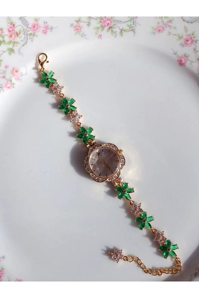 Reorah Collection Lucky Green Flower Watch-Zircon Stone Green White Flower Watch